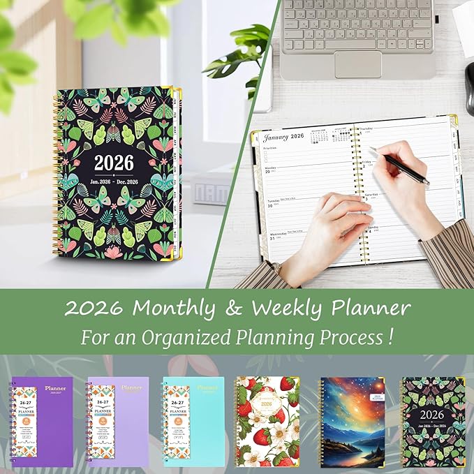 Academic Planner 2026, Daily Weekly and Monthly Planner, Jan. 2026 - Dec. 2026, Calendar Planner with Monthly Tabs, Planning Organize Notebook for Work, 8.5'' x 6.2'', Green Butterfly