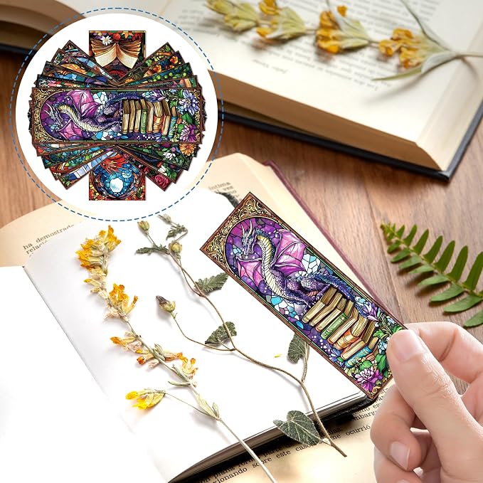 Wxiben Stained Glass Dragon Bookmarks - 100 Pcs Fantastic Bookmark Dragon with Wing Book Marks Cool Animal Book Markers Page Clip GIFS for Men Teens Students Teacher Romantasy Reader Bookish Bookworm