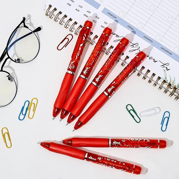 6 Pcs Retractable Erasable Pens, Colored Gel Red Ink Pens Clicker with Erasers, 0.5mm Fine Point Smooth Writing Pen for Journaling Note-Taking Crossword Puzzles Supplies (Red)