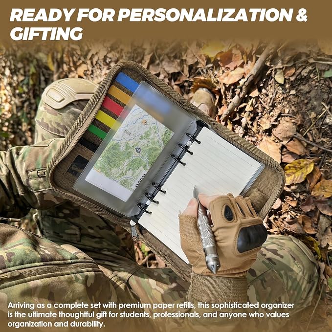 Tactical Notebook Cover, A6 Padfolio 6 Ring Binder with Big Back Pocket & Hand Strap, Zippered Hardcase Planner for Journal, College, Office, Field (Khaki, A6(5.5 x 8.5 inches))