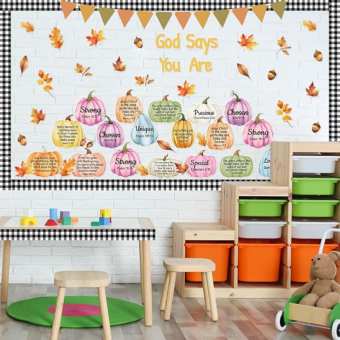 137Pcs Religious Fall Bulletin Board Decorations Set, Christian Bible Verse Thanksgiving Bulletin Board Decor, Watercolor Pumpkin Maple Leaves Cutout Sunday School Chalkboard Wall Supplies