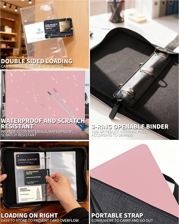 Leather Business Card Book Holder Organizer, Professional Name Card Book Holder with 300 Card Capacity, Portable PU Credit Card Binder File Sleeve Storage for Men Women,50 Pack Sleeves Zipper Closure
