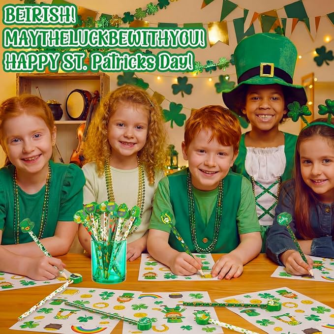 Gersoniel 36 Pcs St. Patrick's Day Pencils Set 18 Green Shamrock Pencils 18 Irish Rubber Erasers Clover Leprechauns Wood Stationary for Kids Party Favors Office School Classroom Gift Exchange (Irish)