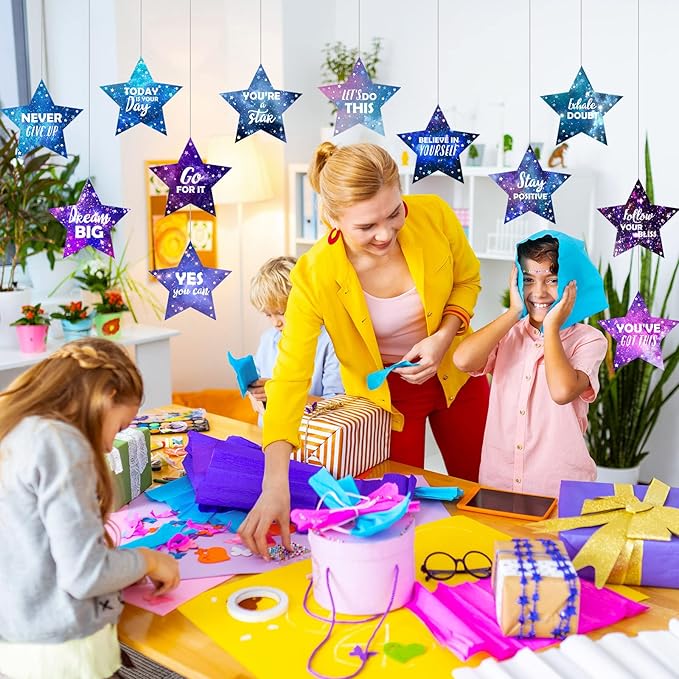 Pajean 48 Pcs Star Positive Bulletin Board Decoration Cutout Affirmation Station Classroom Bulletin Board 6 Inch Inspirational Classroom Decor Double Sided for Teacher Student Back to School(Galaxy)