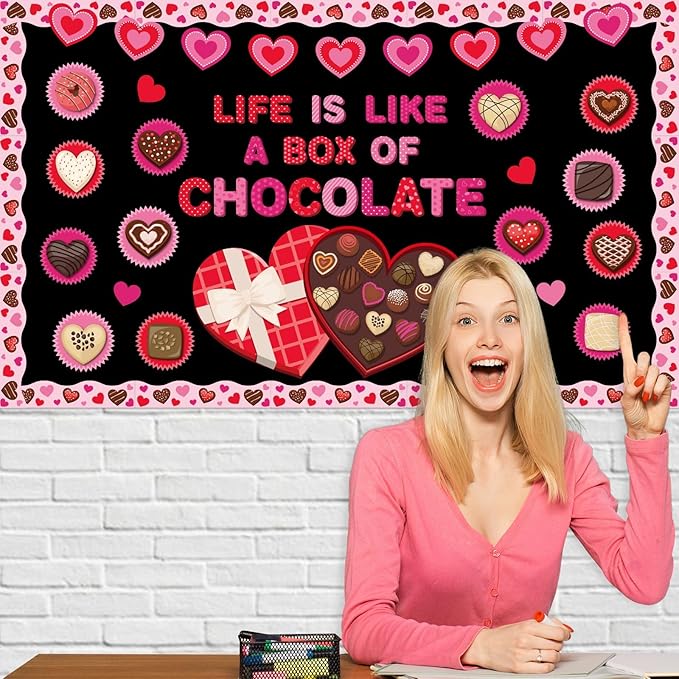gisgfim Valentine’s Day Bulletin Board Set Decorations Valentines Classroom Decor Chocolate Heart Photo Craft Cutouts for School Home Chalkboard Wall Door Party Supply(Life Is like a Box of Chocalate)