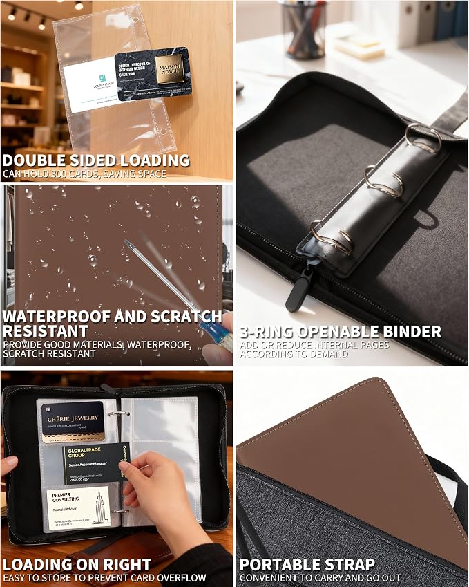 Leather Business Card Book Holder Organizer, Professional Name Card Book Holder with 300 Card Capacity, Portable PU Credit Card Binder File Sleeve Storage for Men Women,50 Pack Sleeves Zipper Closure