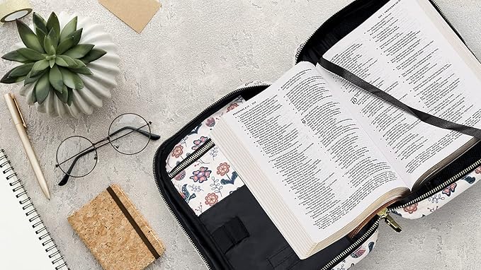 Performore Bible Cover Case for Women and Girls, Large Floral Bible Bag with Handle and Pockets, Water-Resistant Zippered Carrying Case, Fits Study Books 10.2 x 7.5 x 2.7 In, Christian Gift