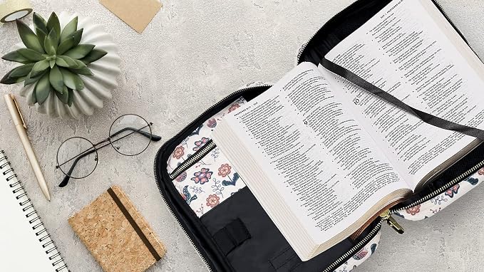 Performore Bible Cover Case for Women and Girls, Large Floral Church Bag with Handle and Pockets, Water-Resistant Zippered Carrying Case, Fits Study Bibles 10.2 x 7.5 x 2.7 In, Christian Gifts