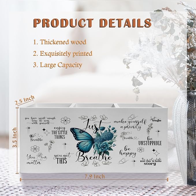 Just Breathe Inspirational Pen Pencil Holder, Therapy Office Decor, Teal Butterfly Flower Mental Health Pencil Pen Holder Organizer for Home Counseling Office Desk Accessories