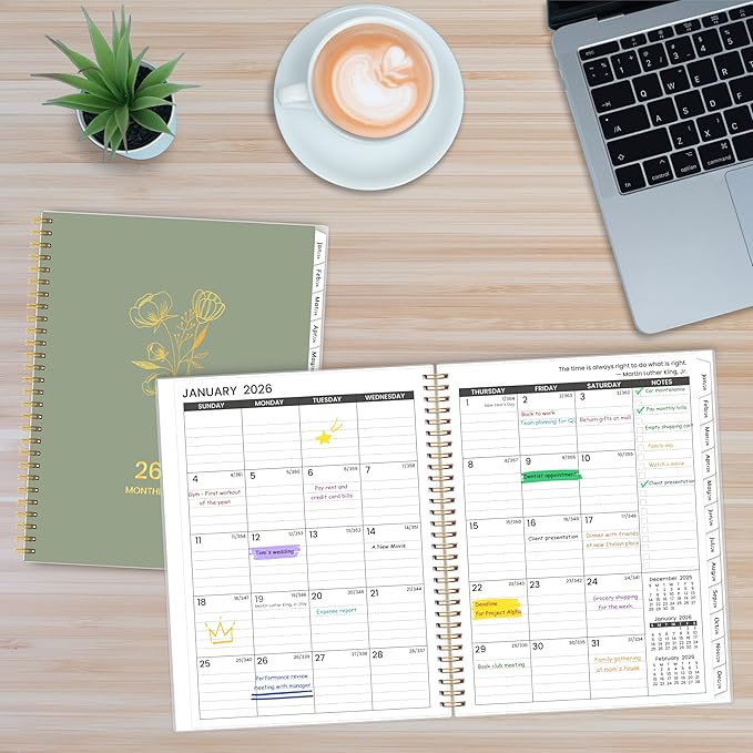 2026-2027 Monthly Planner, 18 Monthly Calendar Planner, January 2026 - June 2027, 8’’ x 10’’, 2026 Spiral Agenda with Tabs &Pocket, Flexible Cover, Organizer Notebook for Office Home School, Flowers
