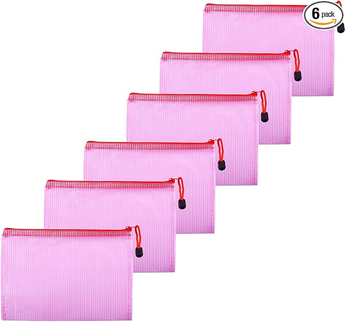 6 Pcs 5.31" x 7.68" B6 Sizes Mesh Zipper Pouch Bags, Mesh Bags with Zipper,Waterproof Clear Document Pouch for Organization Puzzles Travel, Office, Classroom Organization, B6 Red