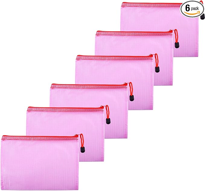 6 Pcs 5.31" x 7.68" B6 Sizes Mesh Zipper Pouch Bags, Mesh Bags with Zipper,Waterproof Clear Document Pouch for Organization Puzzles Travel, Office, Classroom Organization, B6 Red