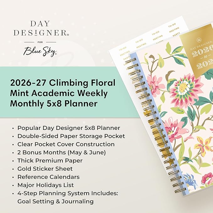 Blue Sky Day Designer 2026-2027 Weekly and Monthly Academic Year Planner Calendar, July 2026 - June 2027, 5" x 8", Clear Pocket Cover, Laminated Tabs, Storage Pocket, Includes Stickers, Climbing Floral Blush