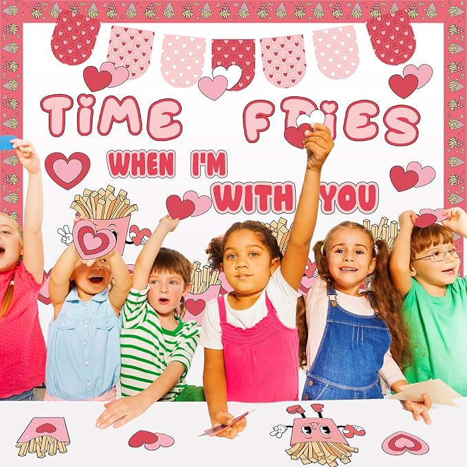 Zhanmai 74 Pcs Valentine's Day Fries Bulletin Board Set, Valentines Classroom Door Decor French Fries Bulletin Board Trim Red Pink Heart Cutouts for Chalkboard Wall Home Decor