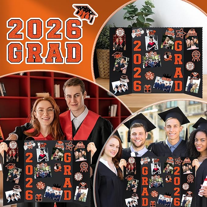 4 Set Graduation Photo Display Board, Class of 2026 Black Orange Trifold Poster Board with Grad Pattern Stickers, Graduation Photo Props Collage for Multiple Pictures Party Decorations, 16x24 Inch