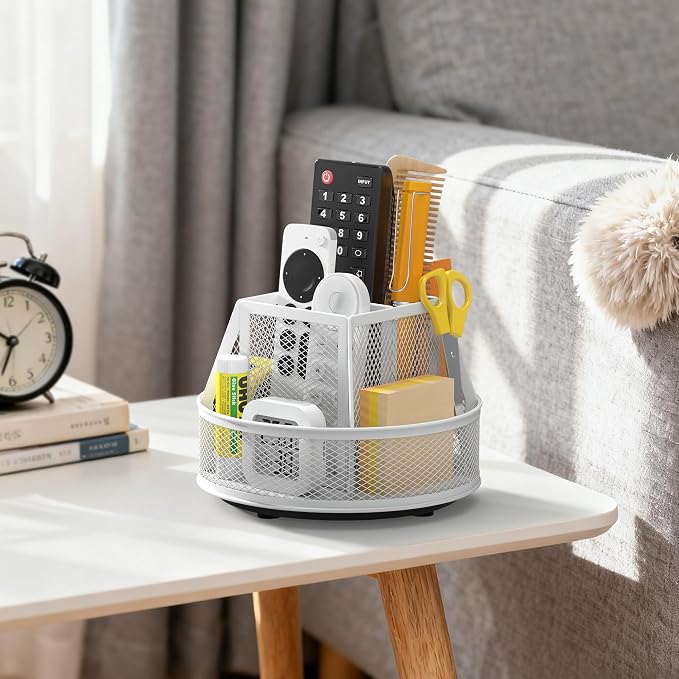 Docnest 360° Rotating Pen Holder,Heavy-Duty Metal Mesh Desk Organizer with 6 Compartments for Pencils,Scissors & Markers –Space Saving Office Supply for Teachers, Students & Home Desk-White