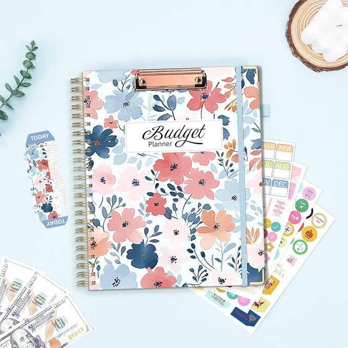 Ospelelf Undated Budget Planner with Clipboard Large Weekly Monthly Account Planners with Stickers 12 Months Productivity Aesthetic Journey Blue Floral