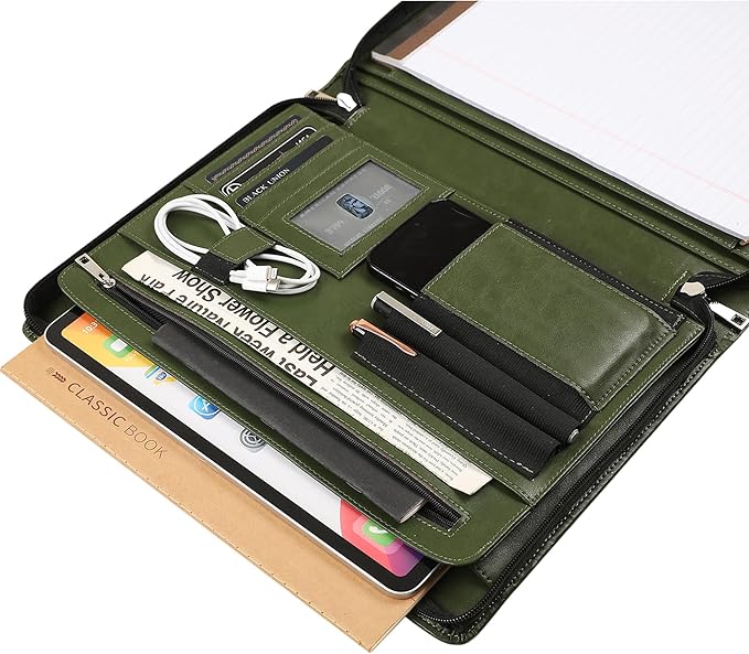 Vegan Portfolio for Men, Business Padfolio with Zipper, Vegan Leather Folio with A4 Writing Pad Holder Portfolio Organizer for Resume, Interview, Meeting - Green