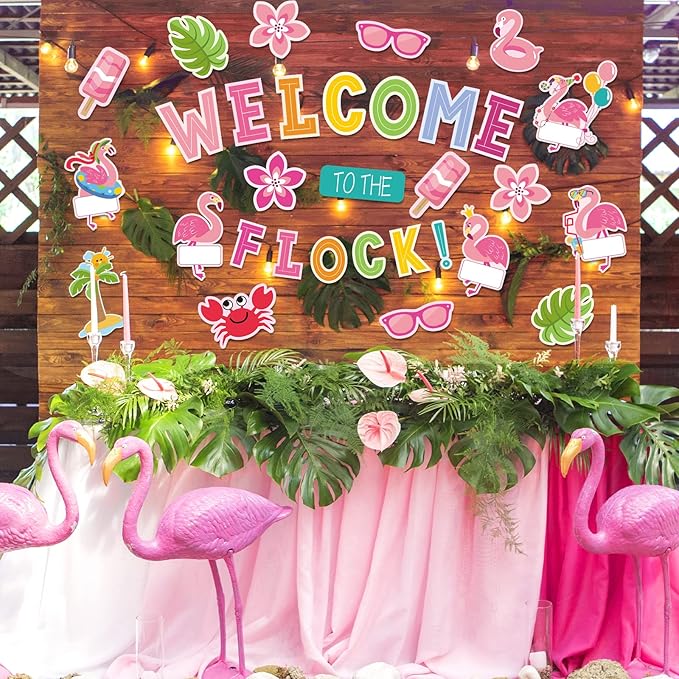 Whaline 59Pcs Flamingo Bulletin Board Decor Tropical Pink Flamingo Classroom Decor Summer Beach Back to School Decoration Welcome to The Flock Cutouts for Hawaiian Luau Party School Classroom