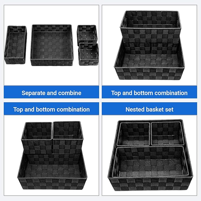 Small Black Baskets, 4 Piece Multi Size Black Woven Baskets with Metal Frame, Closet Shelf Dresser Bathroom Storage, Vanity Drawer Bedroom Office Organization