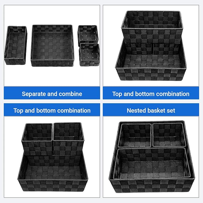 Small Black Baskets, 4 Piece Multi Size Black Woven Baskets with Metal Frame, Closet Shelf Dresser Bathroom Storage, Vanity Drawer Bedroom Office Organization