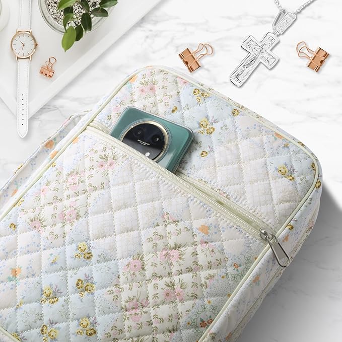 WOBAGMEN Bible Cover Case for Women,Large Bible Tote Bags Organizer Quilted Carrying Case for Girls,Bible Study Supplies Accessories Christian Gifts for Women (Colorful Floral, L)