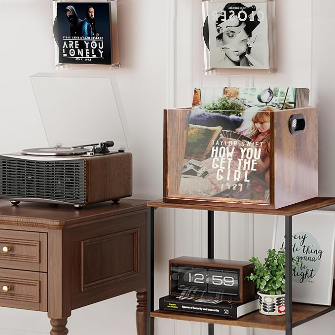 Vinyl Record Storage Crate, Holds up To 60 LPs, Album Visible Storage Box with Acrylic Front, Handle, Wooden Multi-Purpose Organizer for Records, Magazines and Books, for Desktop and Home Office