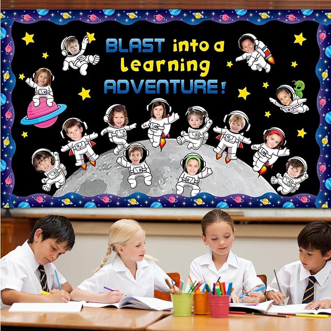 Outer Space Astronaut Bulletin Board Set Blast into A Learning Adventure Classroom Bulletin Board Decorations Planet Galaxy Astronaut Cutouts for Kids School Classroom Chalkboard Wall Decor