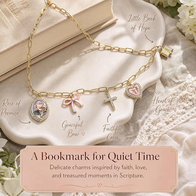 Cross Heart Bow Bible Charm Chain - Christian Biblebook Accessory Faith Gift, Scripture Bookmark Decor for Bible Spine Edge, Religious Charms for Book Lovers