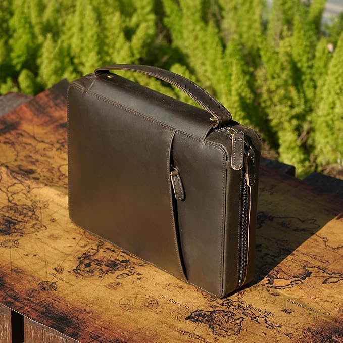 Polare Full Grain Leather Bible Cover Church Bag 10x7.5x2.2 inch Carrying Book Case Bible Protective with Handle and YKK Zippered Pocket (Dark Brown)
