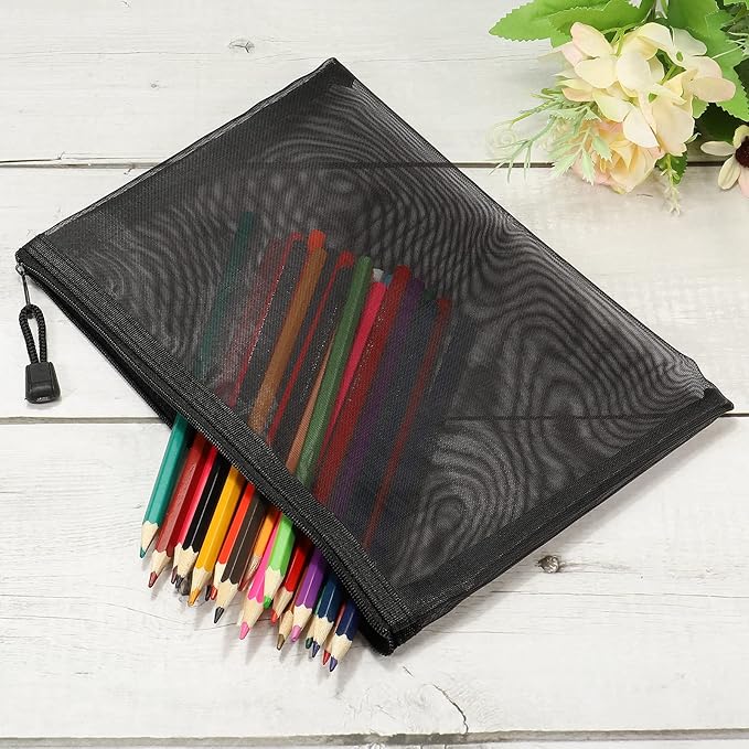 MECCANIXITY Mesh Zipper Bags, A5 Nylon Zip Pouch Pencil Case Storage Pockets for Travel Office Accessories, Black Pack of 6