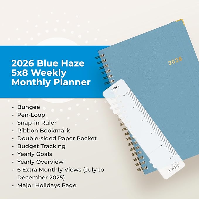 Blue Sky 2026 Weekly and Monthly Planner Calendar, January 2026 - December 2026, 5" x 8", Faux Leather Cover, Durable Twin Wire Binding, Storage Pocket, Laminated Tabs, Includes Pen Loop, Bungee, Ruler, Blue Haze