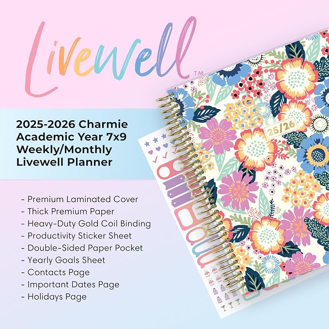 Blue Sky Livewell Weekly and Monthly Academic Year Planner Calendar, July - June, Flexible Cover, Wirebound, Colorful Interior, Laminated Tabs, Storage Pocket, Includes Stickers, Charmie (Charmie- 2025/2026, 7" x 9")