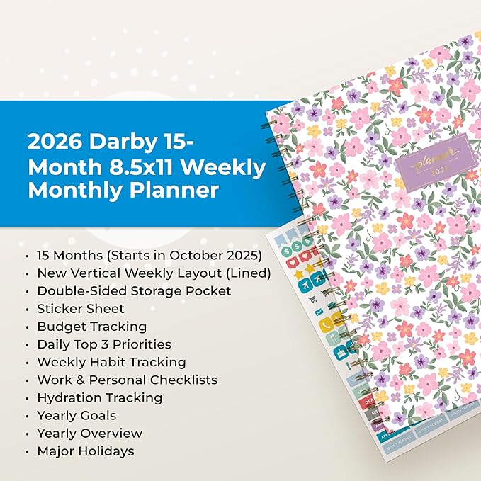 Blue Sky 15 Month 2026 Weekly and Monthly Planner Calendar, October 2025 - December 2026, 8.5" x 11", Laminated Cover, Durable Twin Wire Binding, Laminated Tabs, Storage Pocket, Includes Stickers, Darby