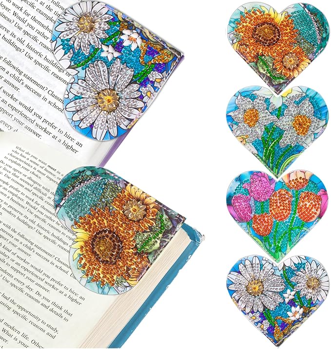 4 Pcs Diamond Painting Bookmark, DIY Corner Book Makers for Adults Book Lovers, Diamond Dot Art Beginners, Small Diamond Art Kits, Paint by Art Crafts Gift for Women Girls (Heart Flower)