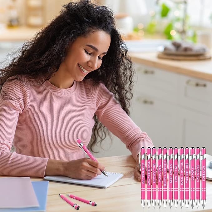 Zonon 12 Pcs Inspirational Pens Gift Set Funny Ballpoint Pen with Stylus Tip Motivational Graduation Gifts Bulk for Teacher Coworkers Nurse School Office Supplies(Pink,Boss Lady)