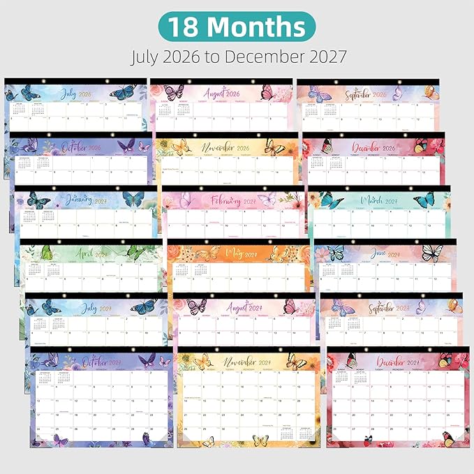 Tcamp Desk Calendar 2026-2027, Large Desktop/Wall Monthly Calendar (Jul. 2026 - Dec. 2027) 17'' x 12'' School Year Wall Desk Planner for Teacher Family School Office Supplies (Butterflies)
