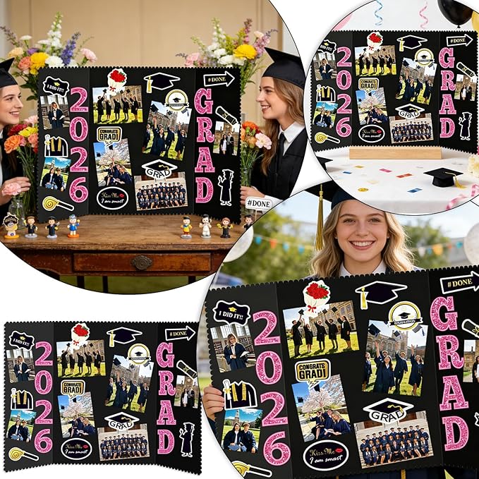Graduation Photo Display Board - 4 Set Trifold Poster Board for Graduation Party, Pink Folding Picture Presentation Frame for Multiple Pictures Table Decor (24x16 Inches)