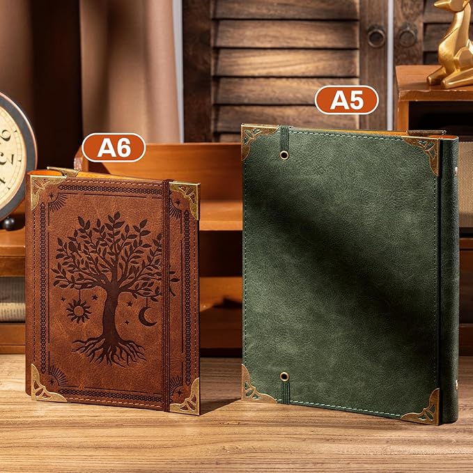 Ovesmusl PU Leather A6 Binder 6 Ring Mini Loose Leaf Binder 5.5”x7.5” No Inserts A6 Planner Binder Leather Cover Refillable Journal Cover, Brown Tree