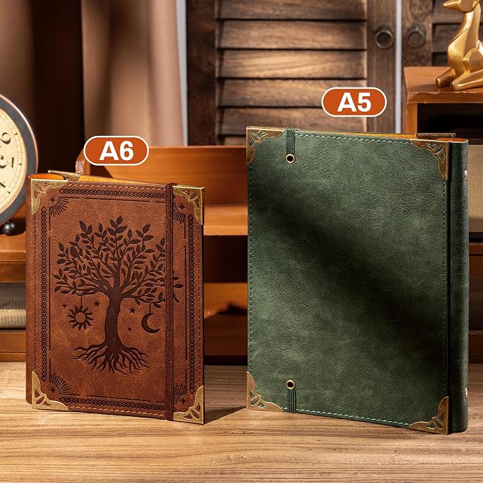 Ovesmusl PU Leather A6 Binder 6 Ring Mini Loose Leaf Binder 5.5”x7.5” No Inserts A6 Planner Binder Leather Cover Refillable Journal Cover, Brown Tree