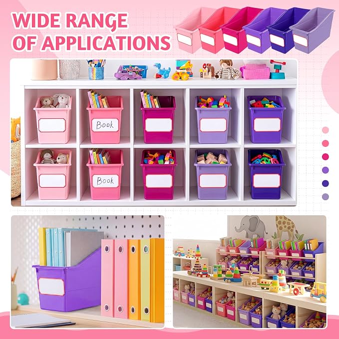 Teling 12 Pcs Book Bins Bulk - Plastic Book Storage Bin with Labels for Classroom Interlocking Magazine Holder Organizer Binder Container Box for School Office Desktop Bookshelf Home (Pink Purple)