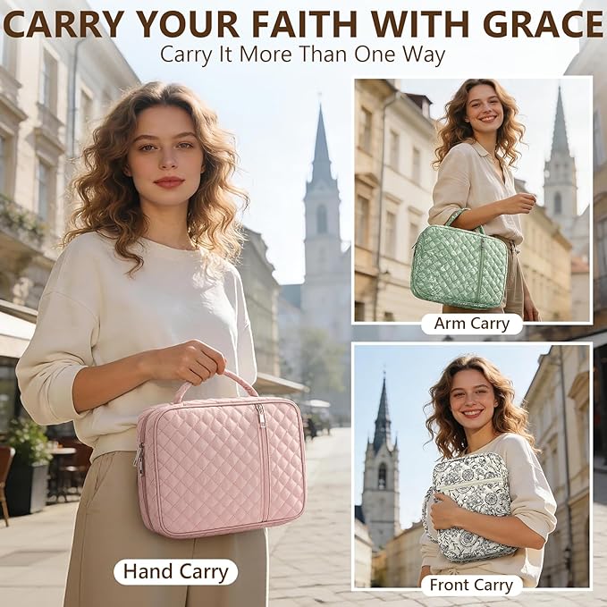 Bible Cover Case for Women Large Bible Bag, Bible Study Supplies Journaling Kit Quilted Church Bag with Handle, Puffer Book Carrying Case w/Tabs Accessories Mothers Day Christian Gifts for Women Mom