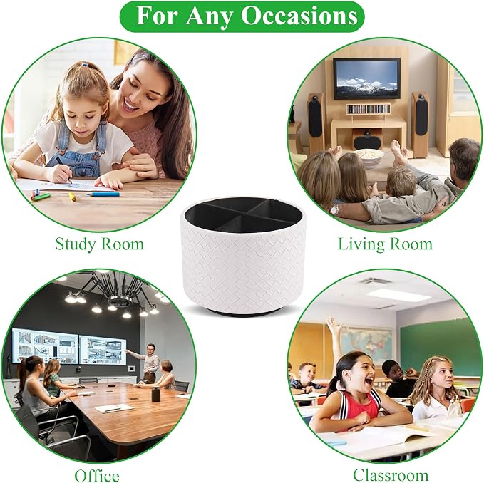 Round Leather Art Supply Organizer,Remote Control Holder,360 Degree Spinning,Multi-Functional Pencil Holder,4 Compartments Desktop Stationary Organizer(1-Weave White)