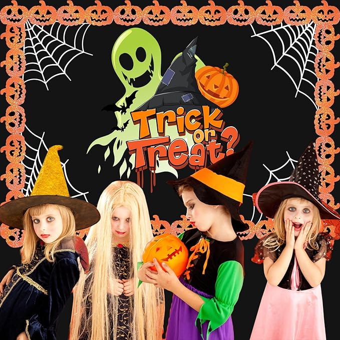JarThenaAMCS 60 Pcs Halloween Bulletin Board Borders Orange Laser Pumpkin Face Border Trim Sparkly Self-Adhesive Sticker Decals for Holiday Party Home Classroom