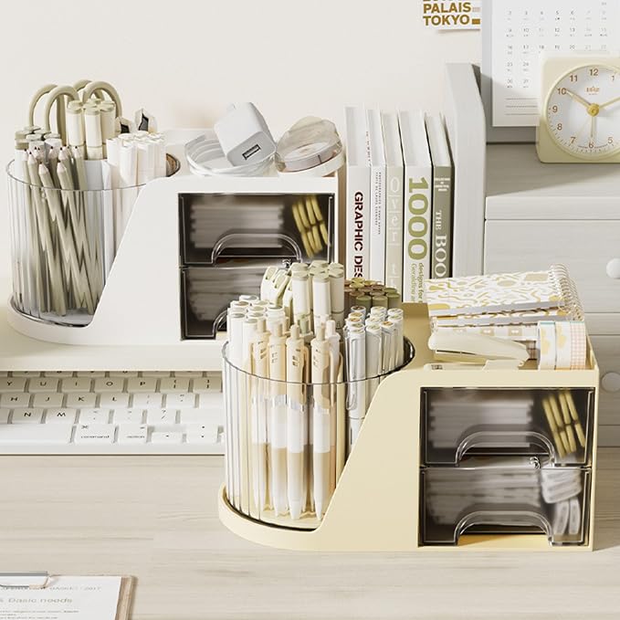 Desk Organizer with 2 Drawer,360 Degree Rotating Pen Holder for Desk,6 Slots Makeup Brush Holder for Office,School,Home,Art Supplies (Cream)