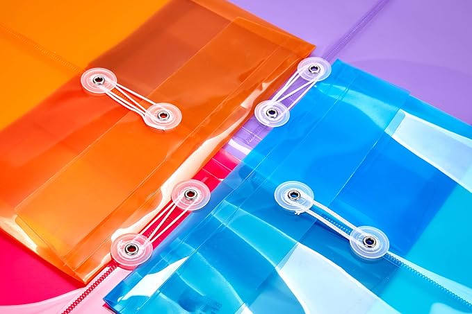 12 Pack Assorted Colors Plastic Envelopes Poly Envelope Expandable File Document Folders with Button & String Tie Closure - Letter A4 Size - 1-1/4 Inch Expansion - for School Office and Home