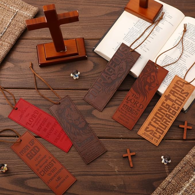 Glenmal 6 Pcs Leather Bible Verse Bookmark for Men Christian Religious Scripture Bookmarks Strong and Courageous Lion Book Marks with Inspirational Verse Christmas Father's Day Church Gifts for Men