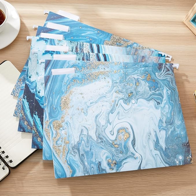 Y YOMA 18 Pack Decorative Hanging File Folders Letter Size Marble Cute Hanging Folder Pretty File Folder Organizer for Filing Cabinet Office Home with 1/5-Cut Adjustable Tabs, 3 Blue Marble Design