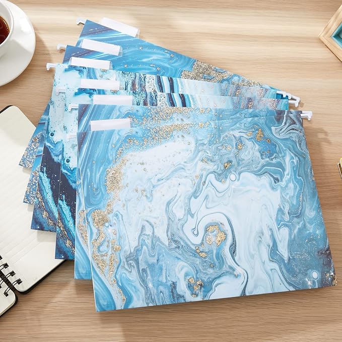 Y YOMA 18 Pack Decorative Hanging File Folders Letter Size Marble Cute Hanging Folder Pretty File Folder Organizer for Filing Cabinet Office Home with 1/5-Cut Adjustable Tabs, 3 Blue Marble Design
