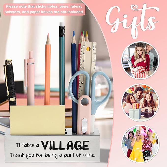 Stainless Steel Pencil Holder with "It Takes a Village" Quote, Thank You Gift for Teacher Coworker Mentor Friend, Office Desk Organizer for Sticky Notes Pens Scissors Ruler, Work Decor - FBA389